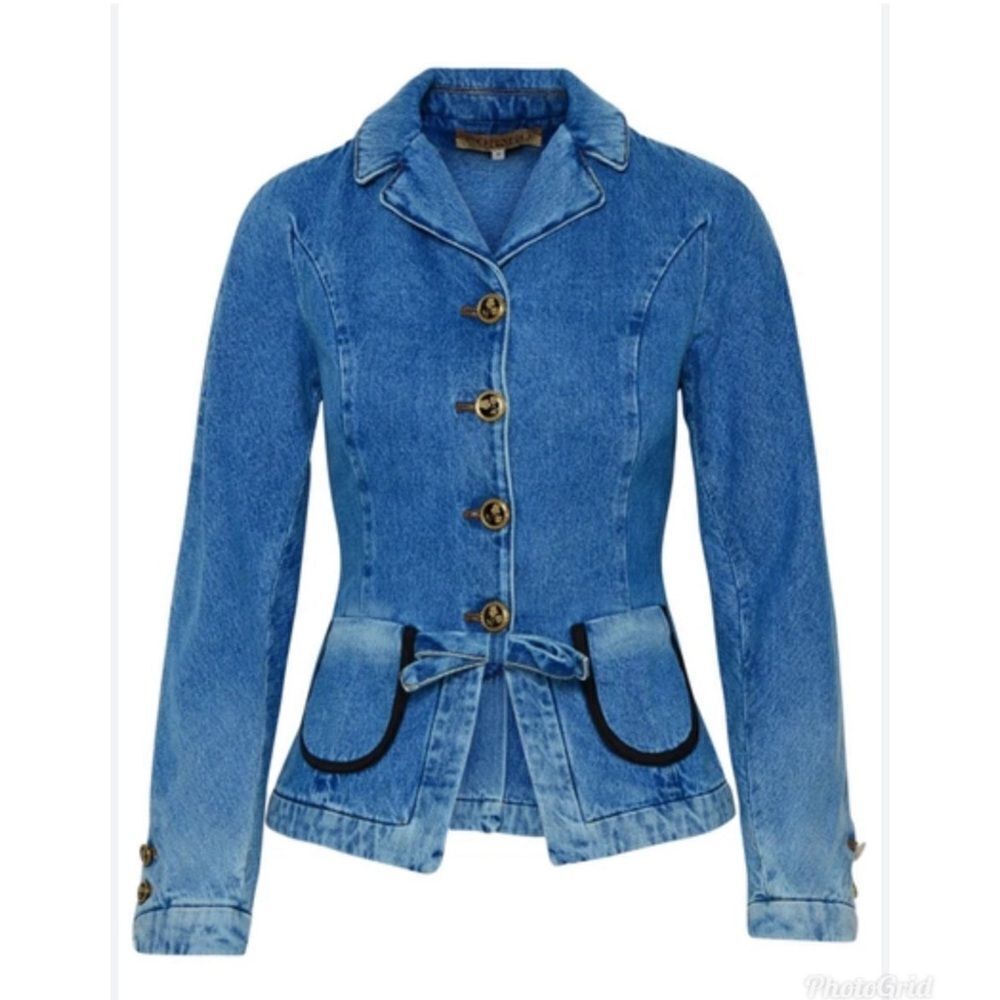 Revolve Cormio Cynthia Collared Button Down Bow Detail Denim Jean Jacket Size L — image 4 of 8